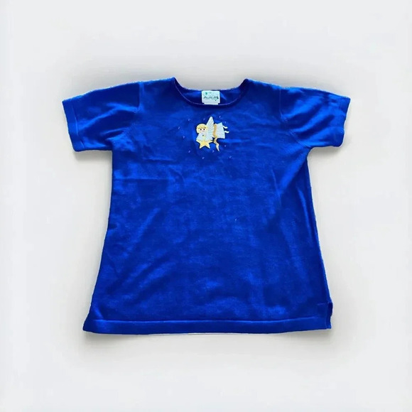 Womens Quacker Factory Christmas Angel Sequin Needlepoint Blue Shirt Small Vtg - Picture 6 of 6